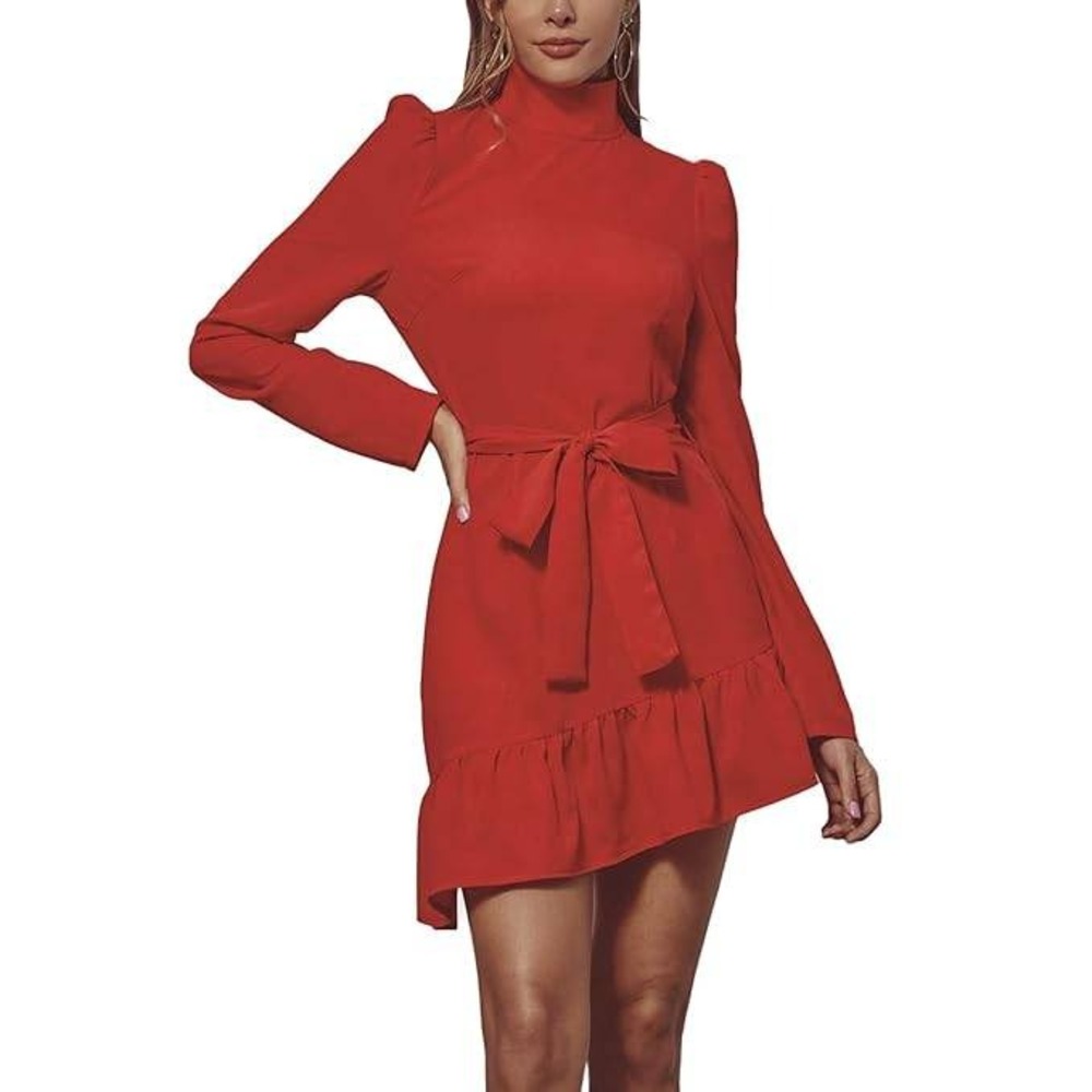 Red Mock Neck Long Sleeve Ruffle Hem Tie Waist Mini Dress Puff‎ Shoulder Size M
